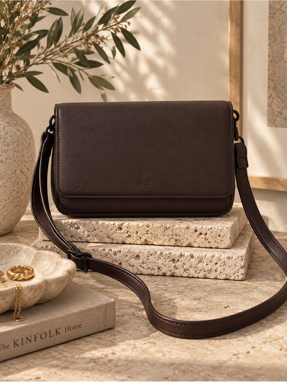 S-Q Nita Vegan Leather Crossbody Bag Dark Chocolate Brown Shoulder Minimalist